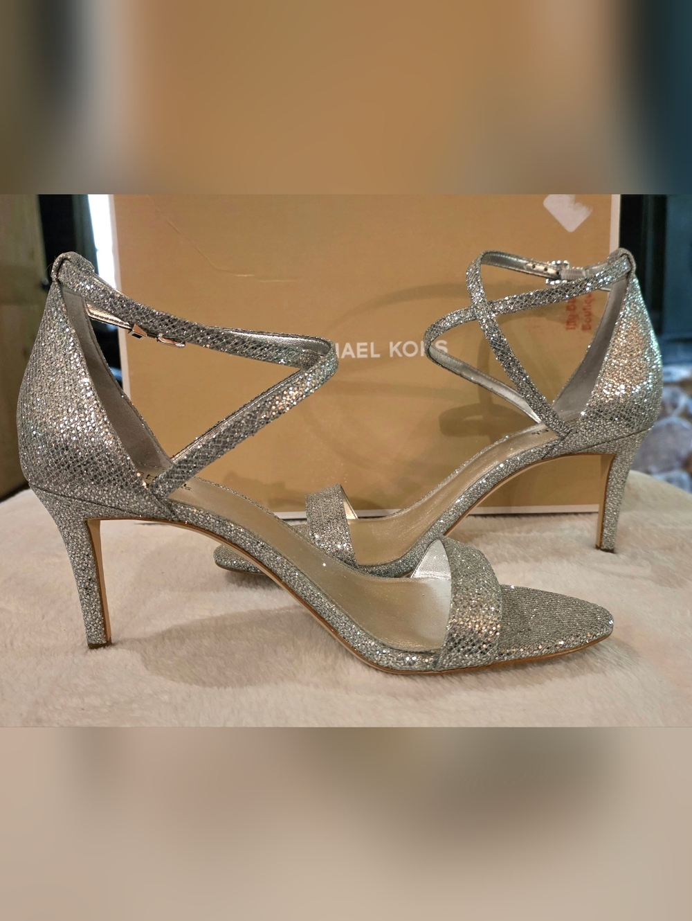 Michael Kors Sparkling Silver Ankle-Strap Stiletto Sandals - Picture 8 of 9
